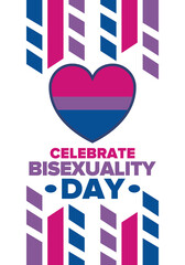 Celebrate Bisexuality Day. Bisexual Pride and Bi Visibility Day. Bisexual flag. Coming out. Celebrated annual in September 23. Festival and parade. Poster, card, banner, template, background. Vector