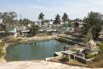 The Beautiful View of Avani Village with Devalaya Pushkarni From the Hills, Kolar, Karnataka, India.