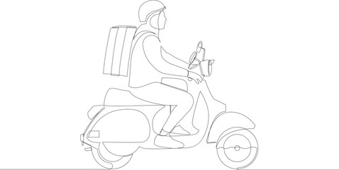 Continuous line drawing of delivery man ride scooter motorcycle. One line art vector.