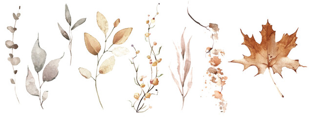 Watercolor floral set of orange and gray autumn leaves, branches, twigs. Vector traced isolated greenery illustration. 