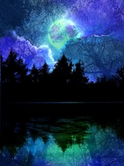 神秘的な深い森の夜景と湖に反射した輝く満月の幻想的な背景イラスト