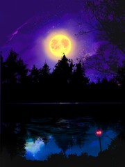 神秘的な深い森の夜景と湖に反射した輝く満月の幻想的な背景イラスト