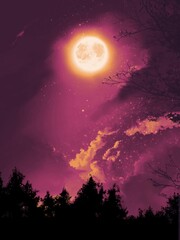 Naklejka na ściany i meble fantastic halloween background illustration of mysterious deep forest night scene and big beautiful full moon.