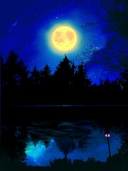 神秘的な深い森の夜景と湖に反射した輝く満月の幻想的な背景イラスト
