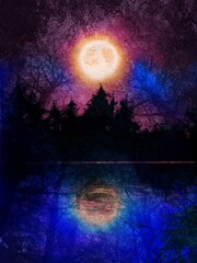 Obraz na płótnie Canvas 神秘的な深い森の夜景と湖に反射した輝く満月の幻想的な背景イラスト