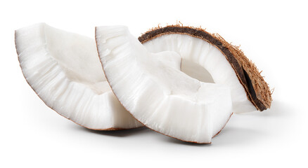 Coconut piece isolated. Coconut slice on white background. Broken white coco pieces with clipping path. Full depth of field.