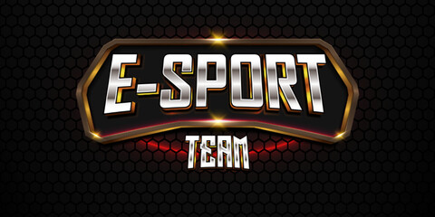 3d e-sports team logo text effect with gold emblem and dark hexagonal background