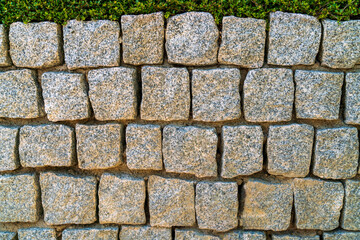 textured stone wall with green hedge top. Background concept for graphic resource