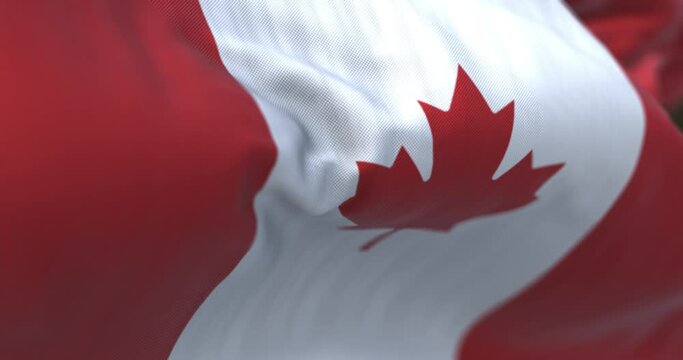 Close-up view of the canadian national flag waving in the wind