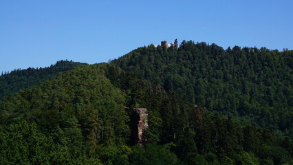 the view from the castle of Fleckenstein in the beautiful Northern Vosges in the region Alsace in France in the month of August