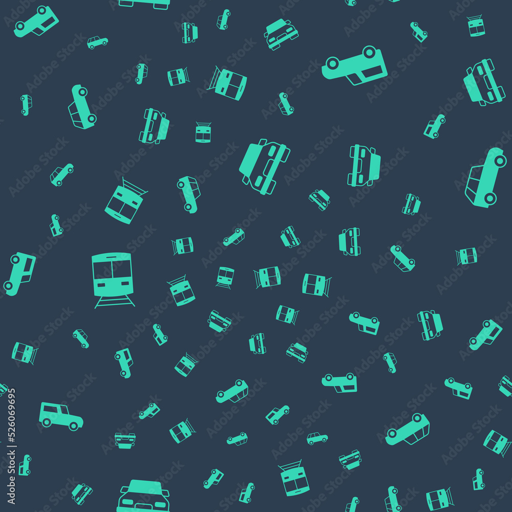 Poster set car, train and railway and on seamless pattern. vector