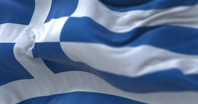 Close-up view of the greek national flag waving in the wind