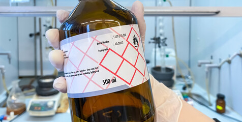 A bottle of an expired chemical reagent that should be properly disposed. Toxic chemical compounds...
