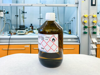 A bottle of an expired chemical reagent that should be properly disposed. Toxic chemical compounds...