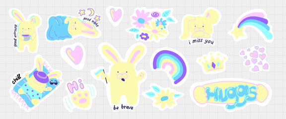 stickerpack with fun bunnies. Ukrainian simbol. Hand drawing fir kids