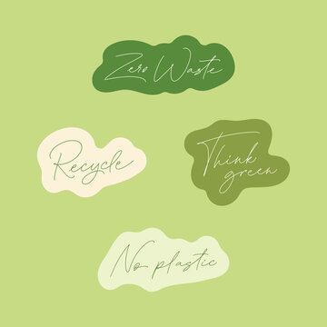 Set Zero Waste handwritten lettering text title sign. Modern calligraphy eco sticker. Motivational quote for choosing eco friendly lifestyle. Concept of ecology and zero waste. Vector illustration