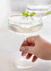 Hand holding transparent cocktail in a coupe glass decorated with mint leaves close up - obrazy, fototapety, plakaty