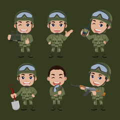 Set of army soldiers man in uniform with difference action