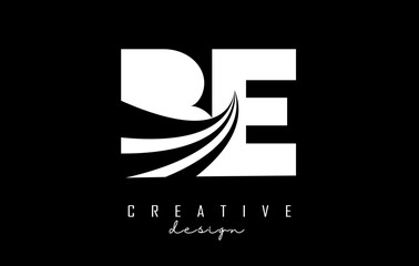White letters BE b e logo with leading lines and road concept design. Letters with geometric design.