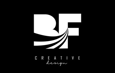 White letters BF b f logo with leading lines and road concept design. Letters with geometric design.
