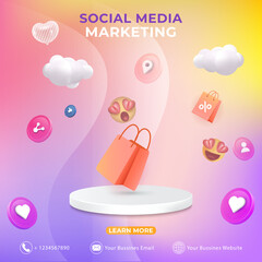 editable social media post template. 3D social media marketing banner ads with icon bag