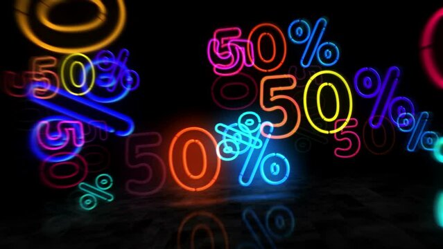 50% neon symbol. Light color bulbs. 50 percent off sale and discount promotion retail abstract seamless and loopable concept. 3d flying through the tunnel loop animation.