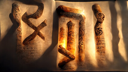 Runes, stone, cuneiform, Celtic patterns, magic books. Artifacts. Ai. - obrazy, fototapety, plakaty