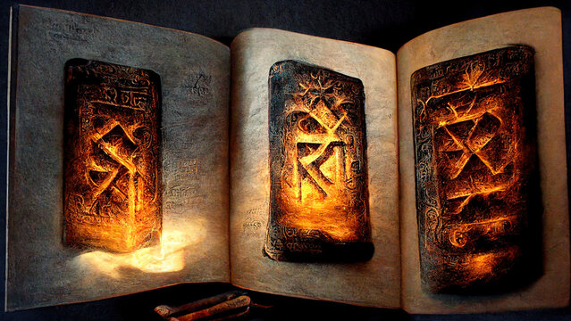 Runes, stone, cuneiform, Celtic patterns, magic books. Artifacts. Ai.