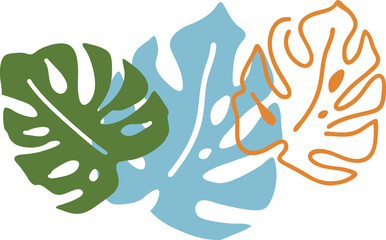 Tropical monstera leaves decorative composition for poster print, wallpaper, postcard, logo design to beauty spa salon. Summer holiday, botanical, travel theme. Colorful silhouette vector illustration