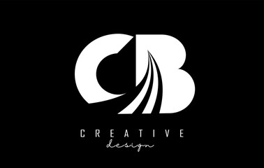 White letters CB c b logo with leading lines and road concept design. Letters with geometric design.