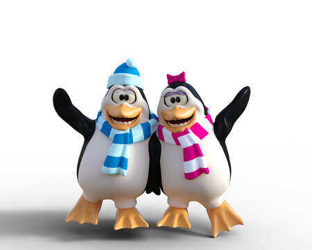 3d penguins waving 