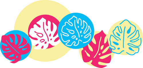 Tropical monstera leaves decorative composition for poster print, wallpaper, postcard, logo design to beauty spa salon. Summer holiday, botanical, travel theme. Colorful silhouette vector illustration