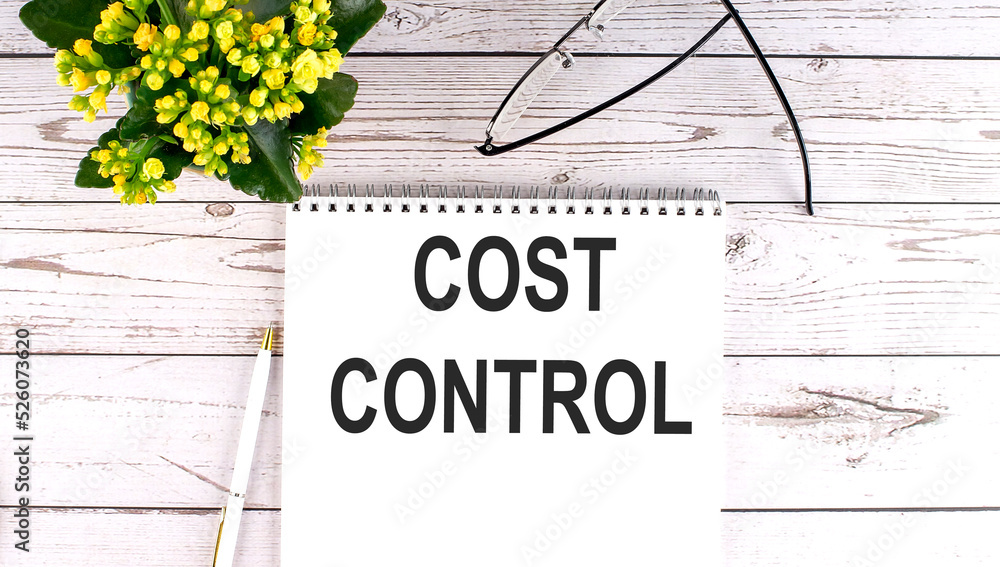Poster cost control text concept write on notebook on wooden background