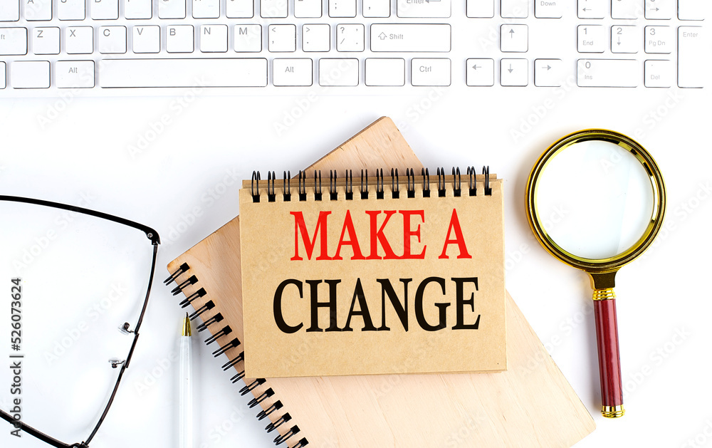 Poster make a change text in the office notebook with keyboard, magnifier and glasses , business concept