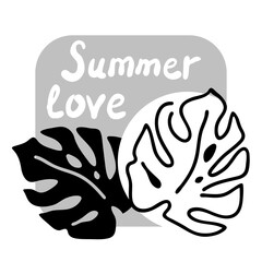 Tropical monstera leaves decorative composition for poster print, wallpaper, postcard, logo design for beauty spa salon. Summer holiday, botanical, travel theme. Monochrome silhouette mix illustration