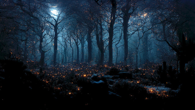 Dark woods halloween background forest at night with blue moonlight shining through the trees and tiny amber fireflies.