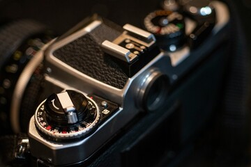 Closeup of a film rewind crank of a camera