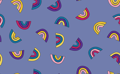 Fototapeta na wymiar Trendy seamless pattern with colorful rainbow on color background. Design for invitation, poster, card, fabric, textile, fabric. Cute holiday illustration for baby. Scandinavian doodle style