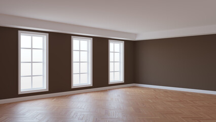 Beautiful Brown Interior Corner with Glossy Herringbone Parquet Floor, Three Large Windows and a White Plinth. Empty Room Concept. 3d illustration, 8K Ultra HD, 7680x4320, 300 dpi