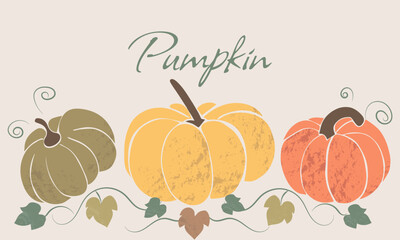 Vector banner with cute hand-drawn pumpkins and leaves. Elements for autumn decorative design, halloween invitation, harvest thanksgiving.