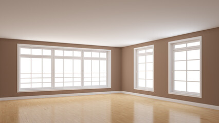 Brown Interior of the Empty Room with Three Windows, Light Glossy Parquet Floor and a White Plinth. Perspective View. 3D Illustration with a Work Path on the Windows. 8K Ultra HD, 7680x4320, 300 dpi