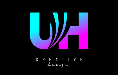 Creative colorful letters UH u h logo with leading lines and road concept design. Letters with geometric design.