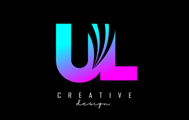 Creative colorful letters UL u l logo with leading lines and road concept design. Letters with geometric design.