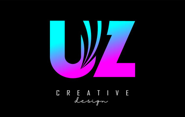 Creative colorful letters UZ u z logo with leading lines and road concept design. Letters with geometric design.