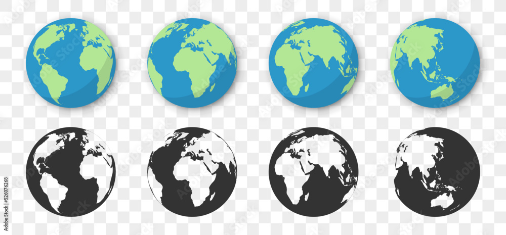 Poster Earth Globe collection in different design. World map in globe icons