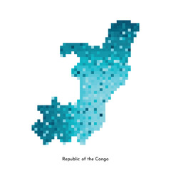 Vector isolated geometric illustration with simplified icy blue silhouette of Republic of the Congo map. Pixel art style for NFT template. Dotted logo with gradient texture on white background
