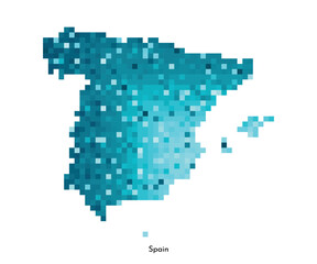 Vector isolated geometric illustration with simplified icy blue silhouette of Spain map. Pixel art style for NFT template. Dotted spanish logo with gradient texture for design on white background