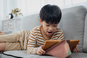 Handsome Asian boy, lying on sofa in his comfortable position, He played game frantically, and his demeanor was extremely fun, His expression looked happy, furious while playing game.