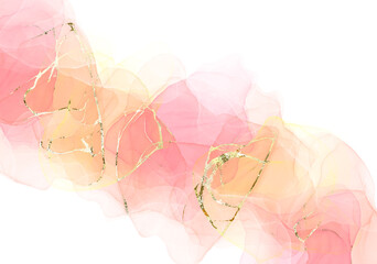 Pink alcohol ink on a white background with gold, Abstract texture beautiful delicate background