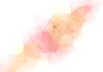 Pink alcohol ink on a white background with gold, Abstract texture beautiful delicate background